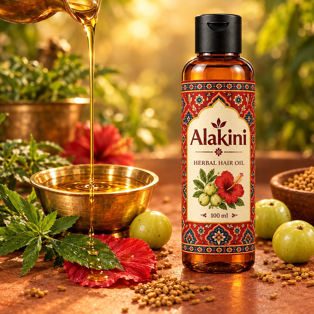 Alakini Herbal Hair Oil – oil texture with ingredients