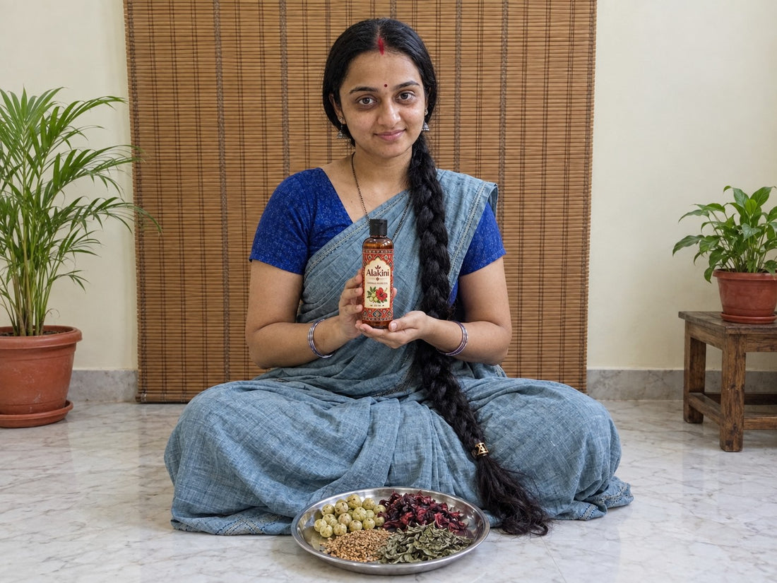 Alakini Herbal Hair Oil – held by our founder Meera at home